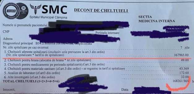 Notă de plată scandalos de mare primită de un pacient Covid-19, la externarea din spital. Bolnavul a fost internat pentru șapte zile
