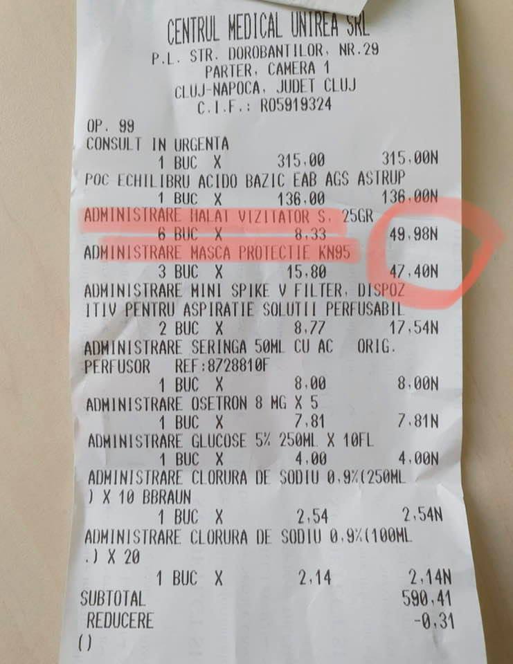 Bonul plătit de pacienta din Cluj