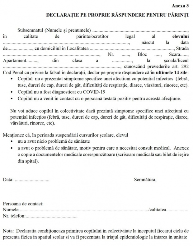 declaratie scoala pandemie