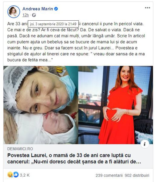 Laura, t&acirc;năra mămică, bolnavă de cancer