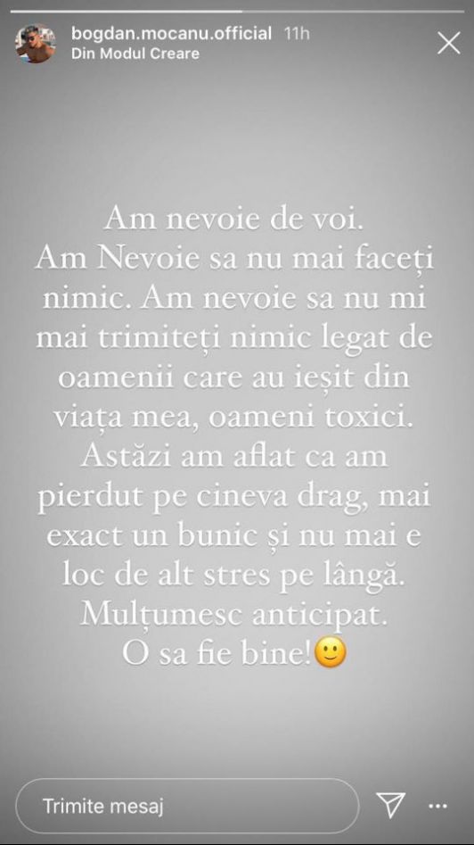 Mesajul plin de tristețe postat de Bogdan Mocanu