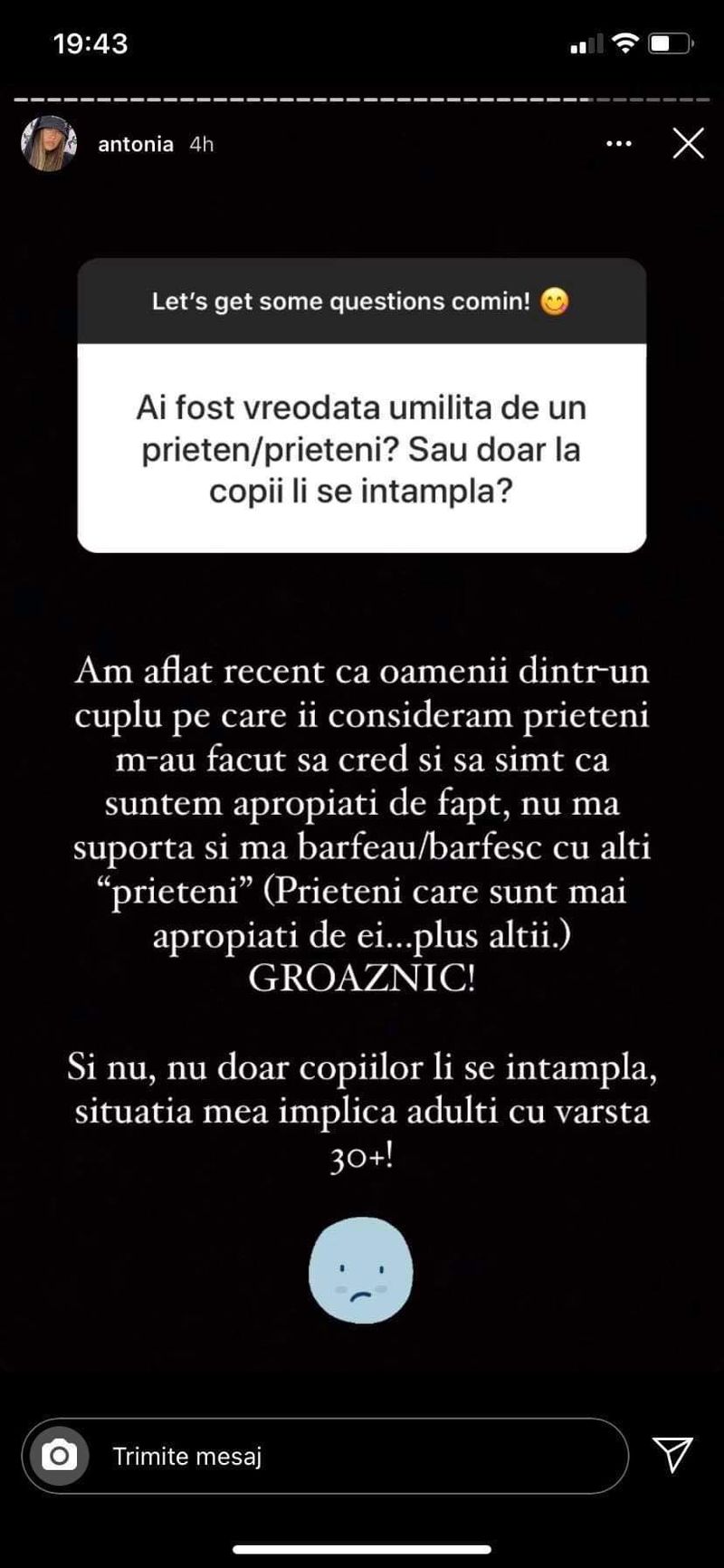 Postarea făcută de Antonia