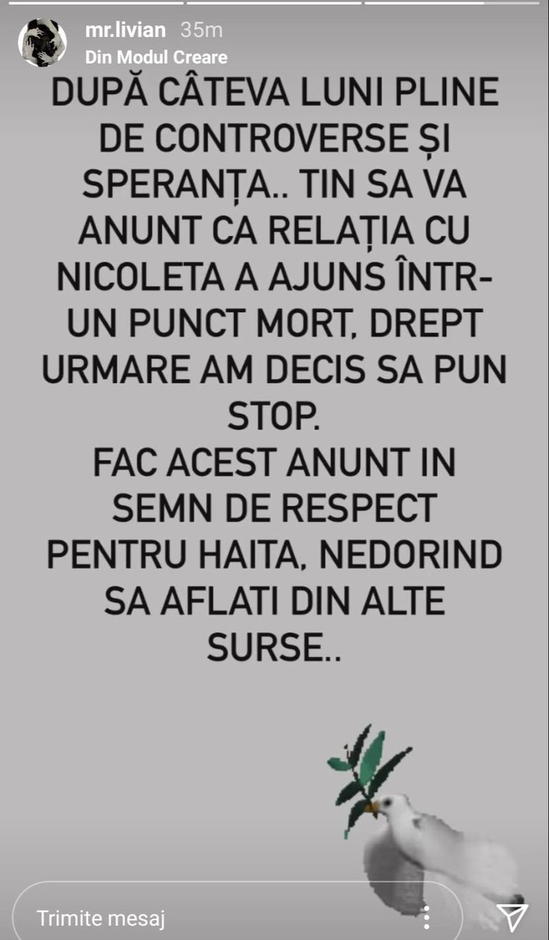 Mesajul postat de Livian la InstaStory livian si florentina