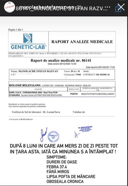 Rezultatul testului COVID-19, făcut de Ștefan Manolache stefan manolache
