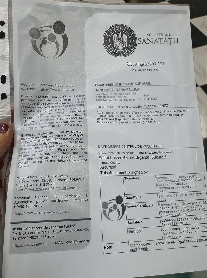 Adeverință de vaccinare 