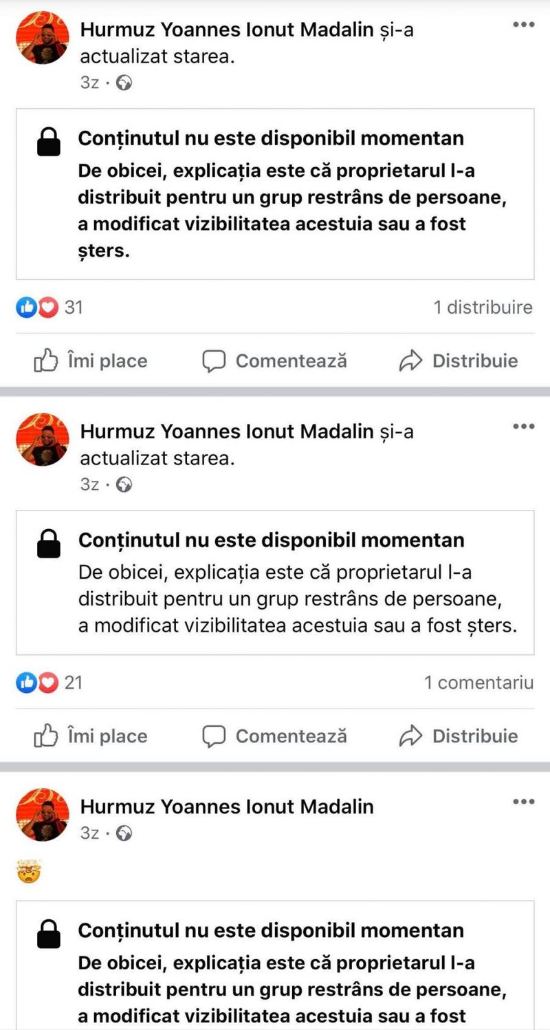 Postările șterse de pe contul lui Yoannes de Facebook.