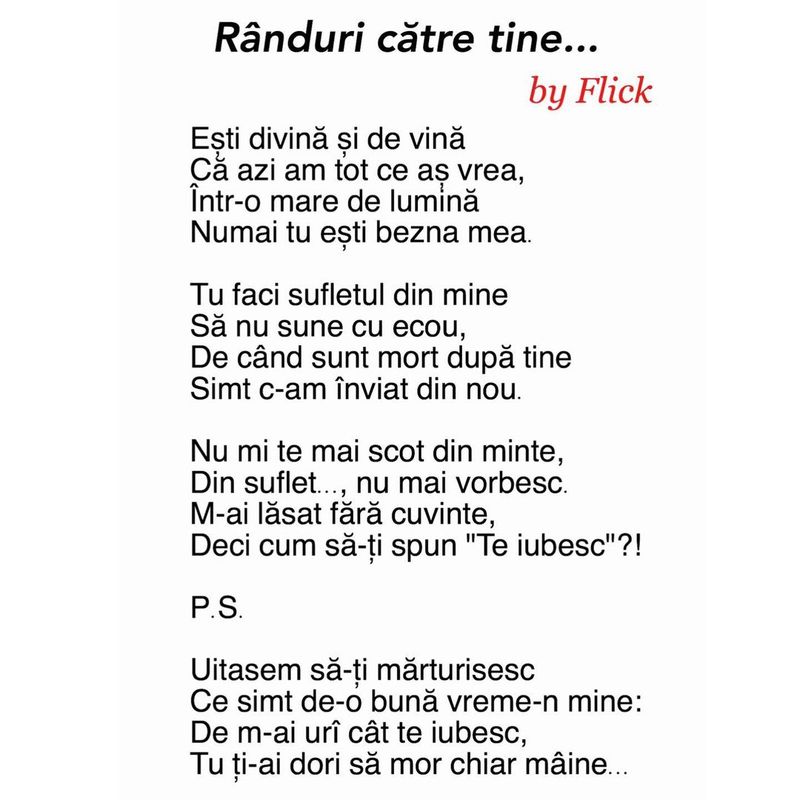 Cele mai frumoase poezii scrise de Flick, domnul Rimă Cele mai frumoase poezii scrise de Flick, domnul Rimă