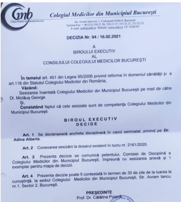 Adina Alberts, cercetată disciplinar de Colegiul Medicilor, după ce a postat pe Internet schema de tratament &icirc;mpotriva noului coronavirus