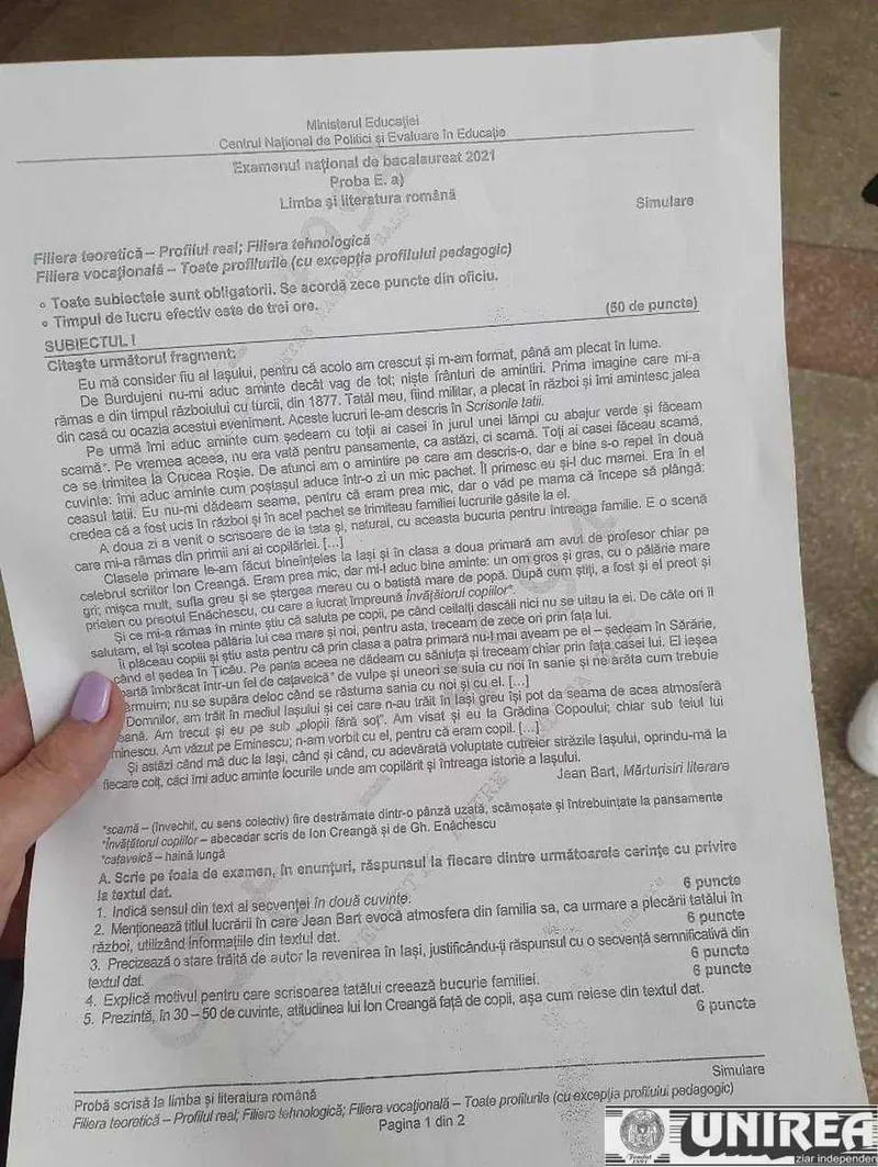 subiecte simulare BAC lb, romană, profil REAL