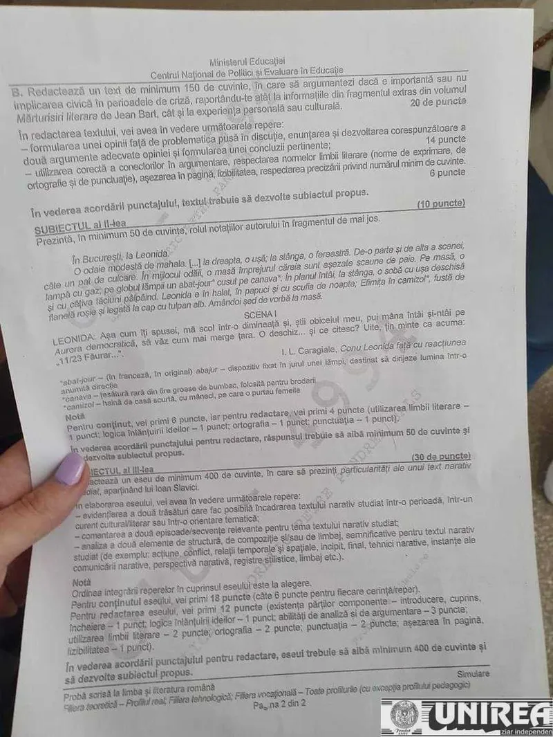 subiecte simulare BAC lb, romană, profil REAL