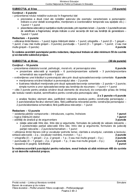 Barem simulare BAC 2021 Română