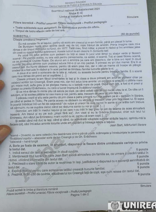 Barem simulare BAC 2021 Română