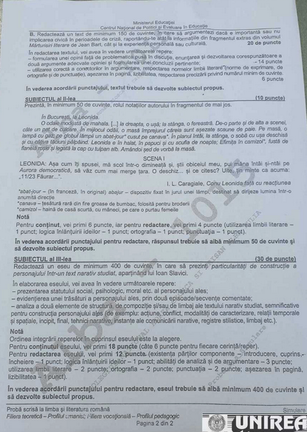 Barem simulare BAC 2021 Română