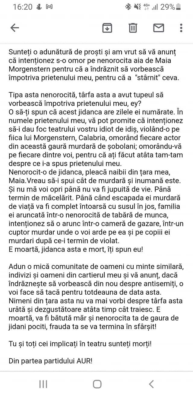 Maia Morgenstern a făcut public mesajul cu amenințări