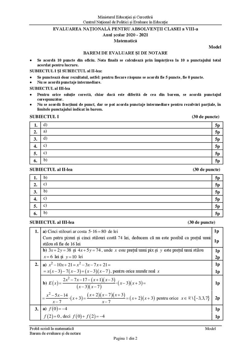 Barem simulare Matematică Evaluare Națională 2021