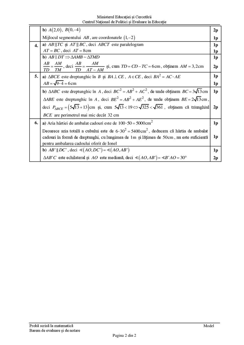 Barem simulare Matematică Evaluare Națională 2021