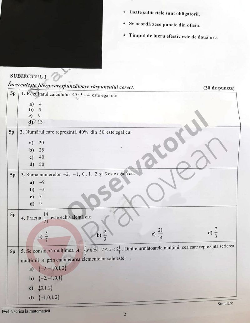 Subiecte simulare Matematică Evaluare Națională 2021