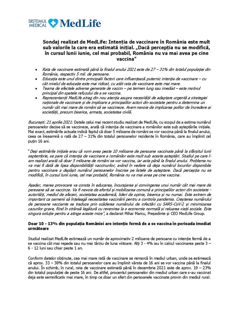 Sondaj MedLife privind nivelul de vaccinare
