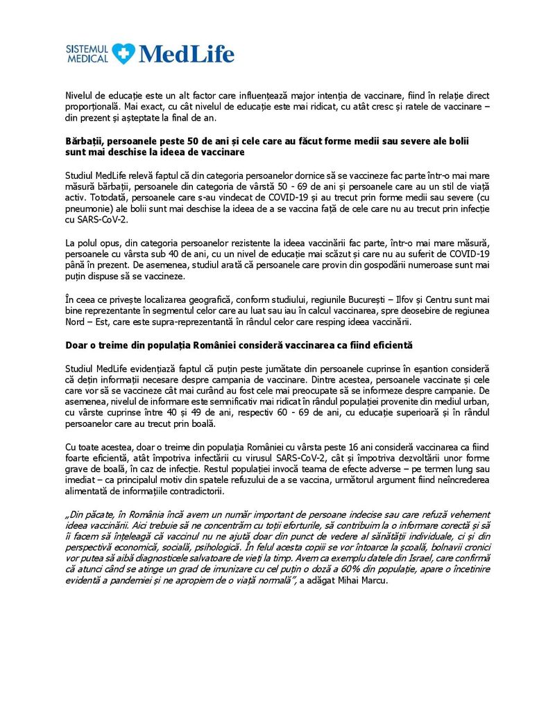Sondaj MedLife privind nivelul de vaccinare