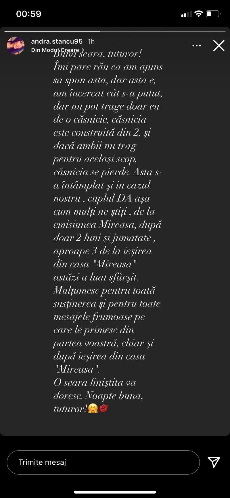 Mesajul postat de Andra de la Mireasa pe Instagram Andra și David de la Mireasa divorțează