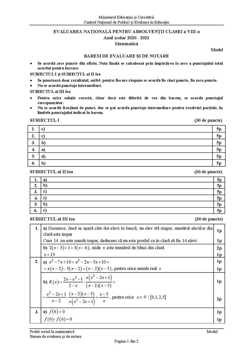 Modele de subiecte la matematică pentru Evaluarea Națională 2021