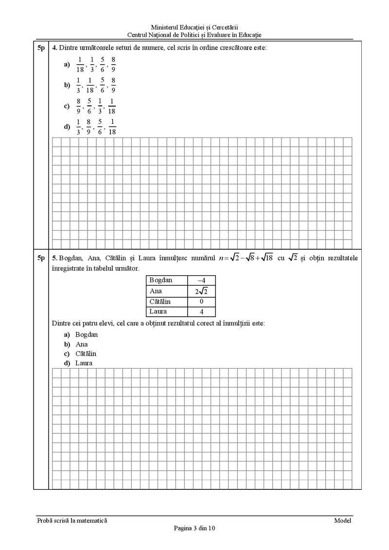 Modele de subiecte la matematică pentru Evaluarea Națională 2021