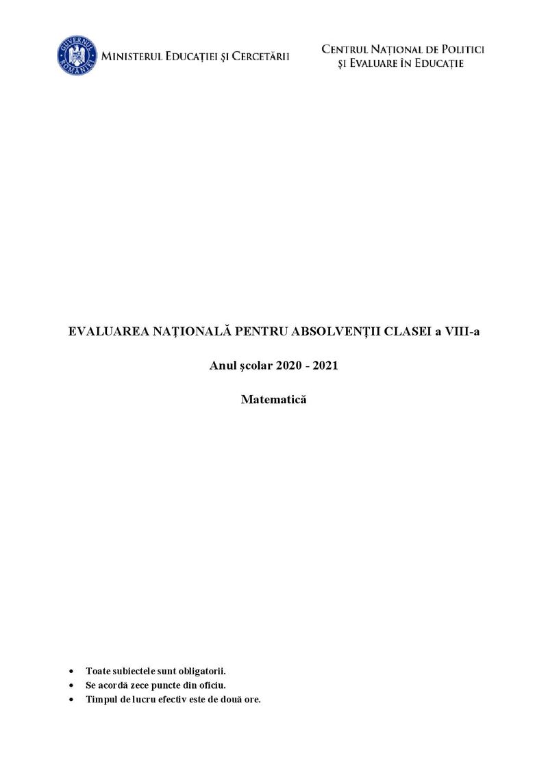 Modele de subiecte la matematică pentru Evaluarea Națională 2021