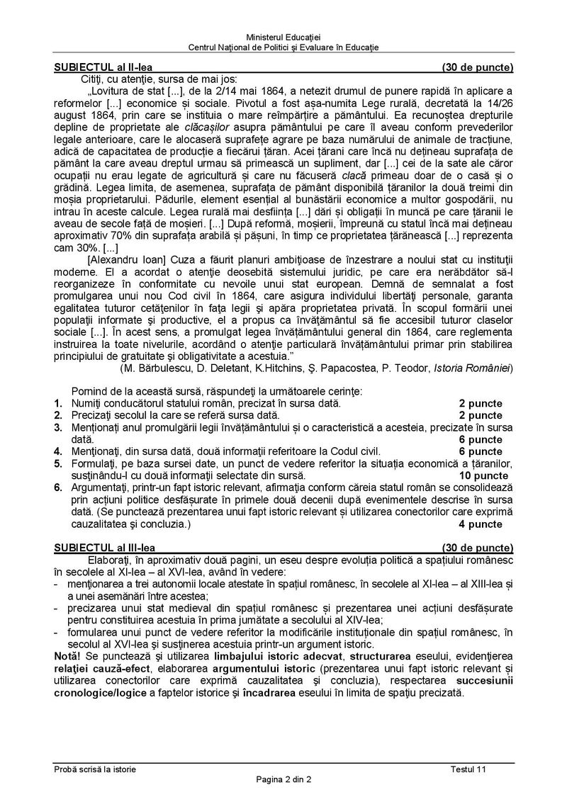 Modele de subiecte la Istorie pentru Bac 2021
