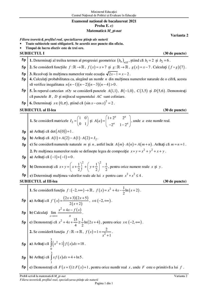 Subiectele la matematică Bac 2021 – specializarea științe ale naturii