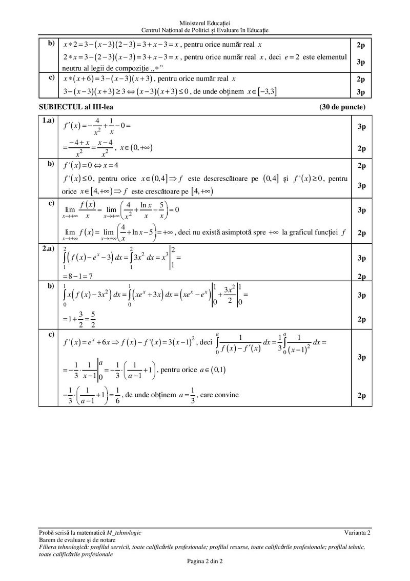Barem subiecte matematică Bac 2021 – specializarea profil tehnologic