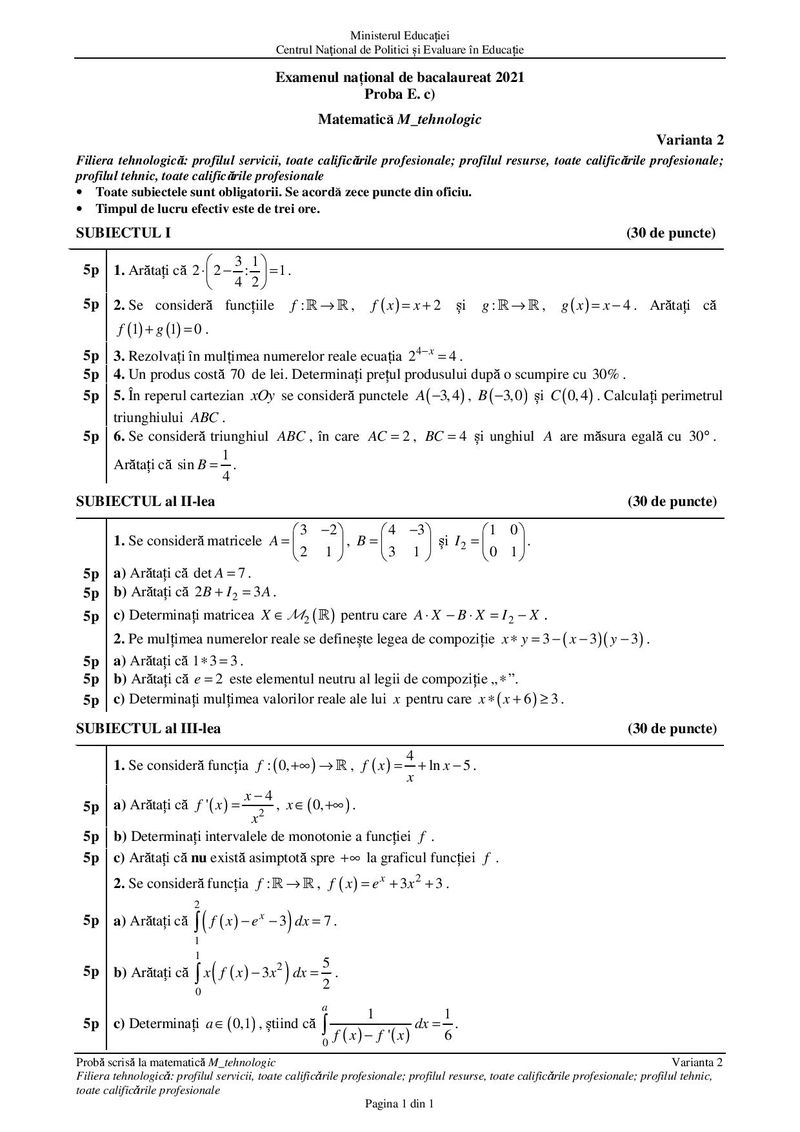 Subiectele la matematică Bac 2021 – profil tehnologic