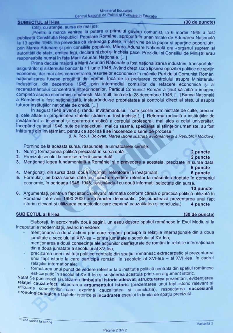 Subiecte Istorie Bacalaureat 2021
