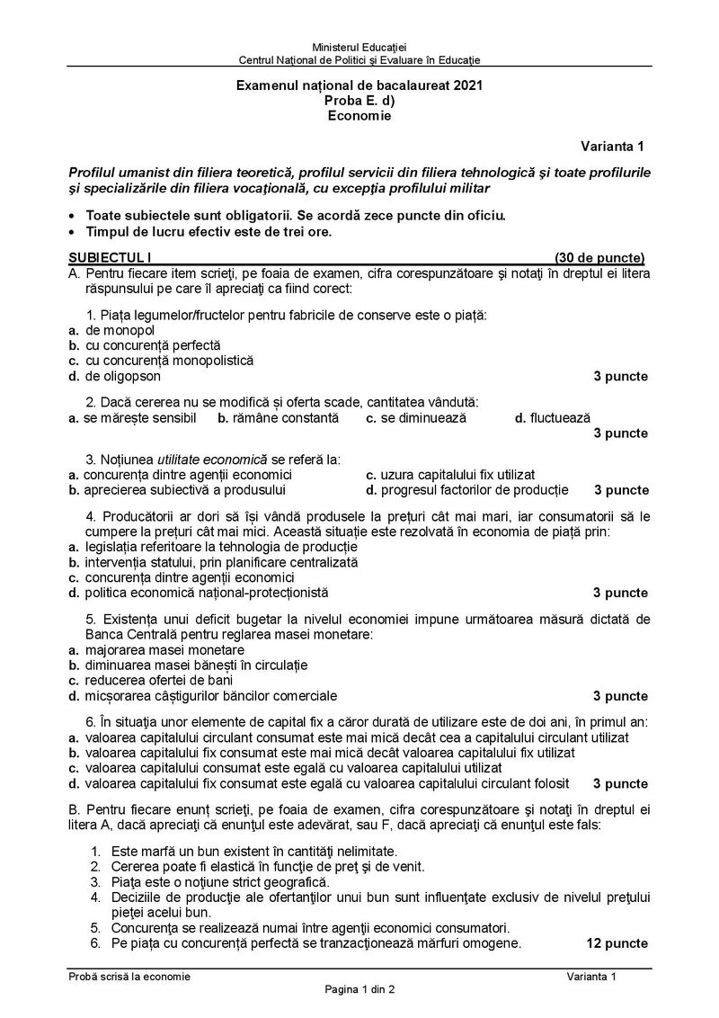 Subiecte BAC 2021. Proba la alegere: Economie