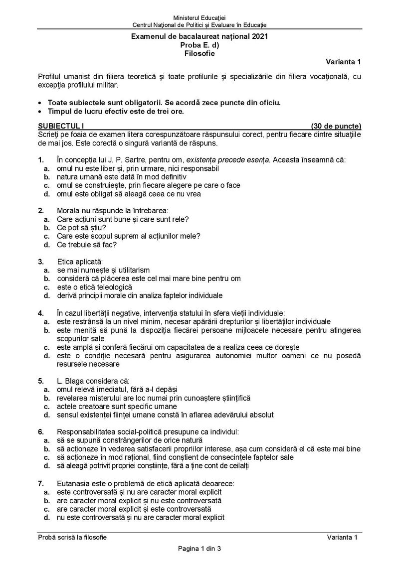 Subiecte BAC 2021. Proba la alegere: Filosofie