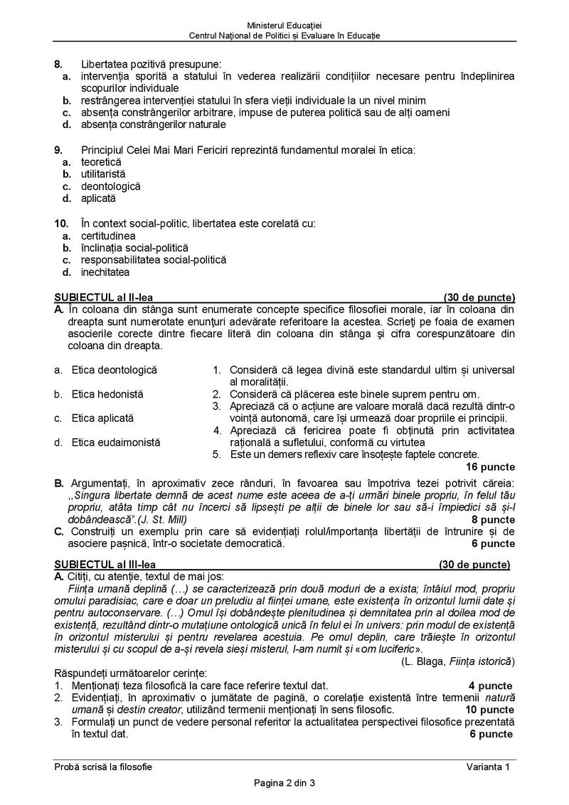 Subiecte BAC 2021. Proba la alegere: Filosofie