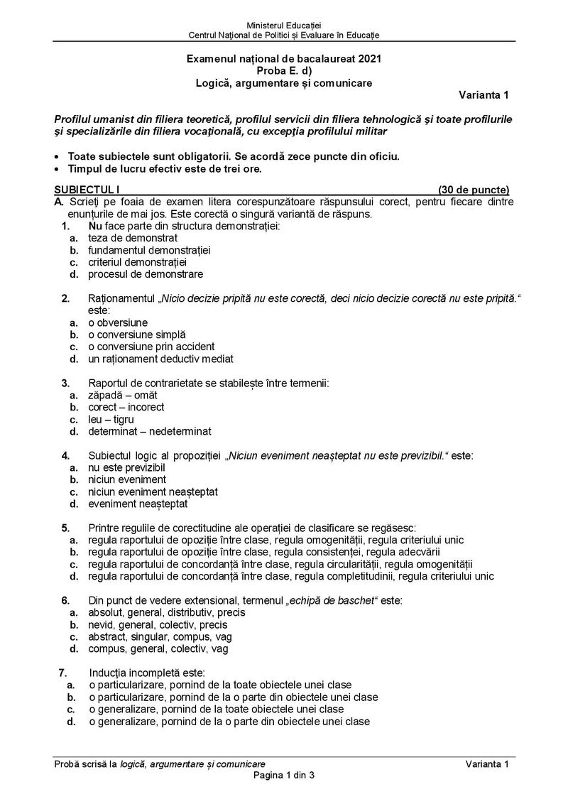 Subiecte BAC 2021. Proba la alegere: Logică şi argumentare