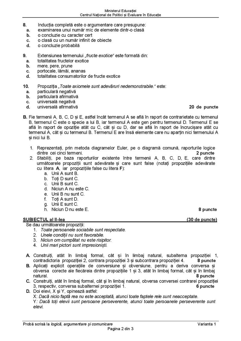 Subiecte BAC 2021. Proba la alegere: Logică şi argumentare