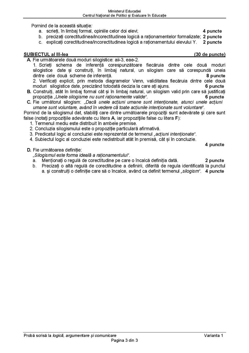 Subiecte BAC 2021. Proba la alegere: Logică şi argumentare