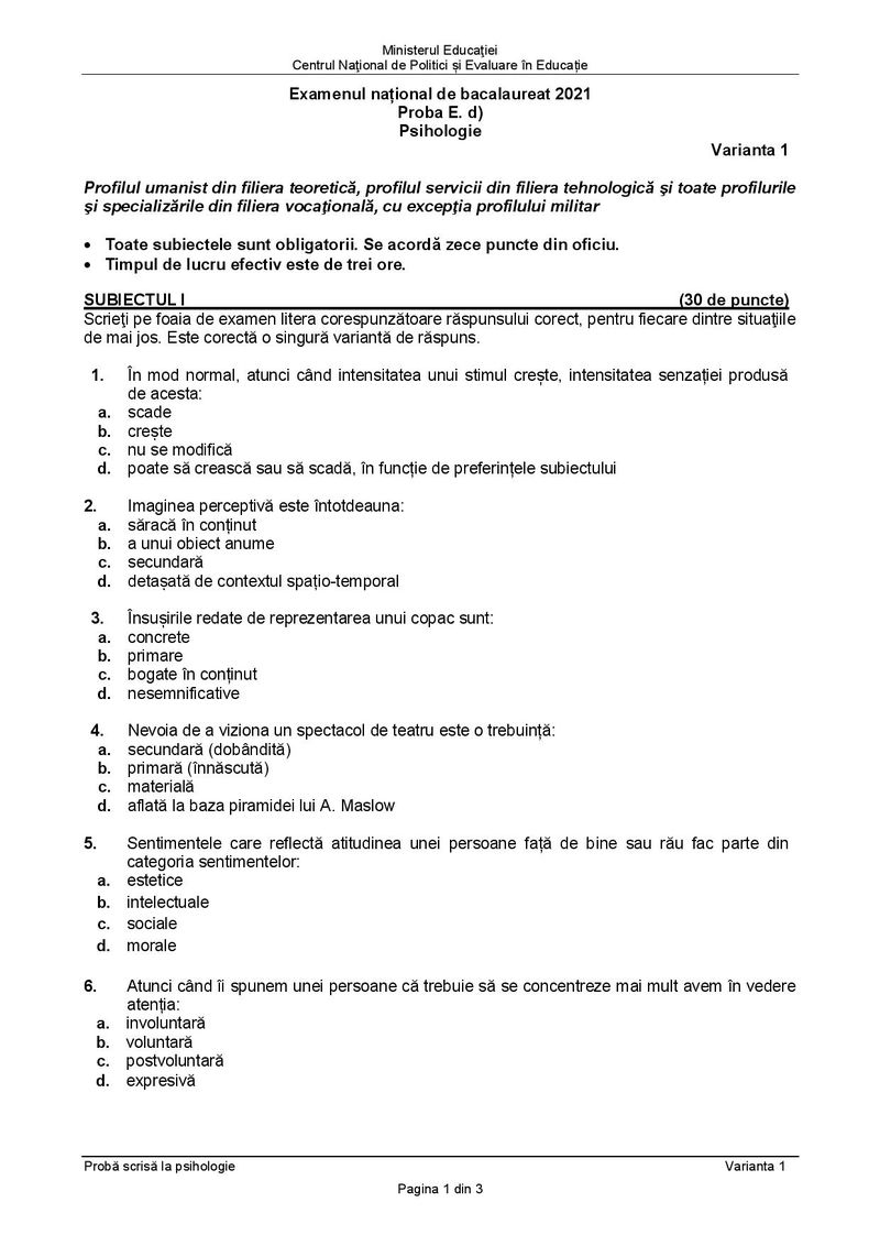 Subiecte BAC 2021. Proba la alegere: Psihologie