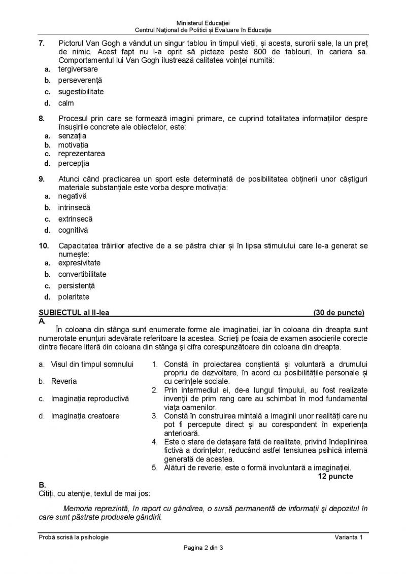 Subiecte BAC 2021. Proba la alegere: Psihologie