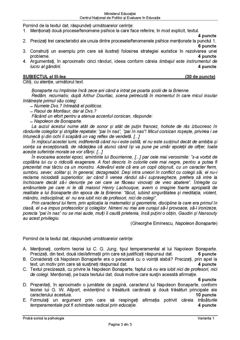 Subiecte BAC 2021. Proba la alegere: Psihologie