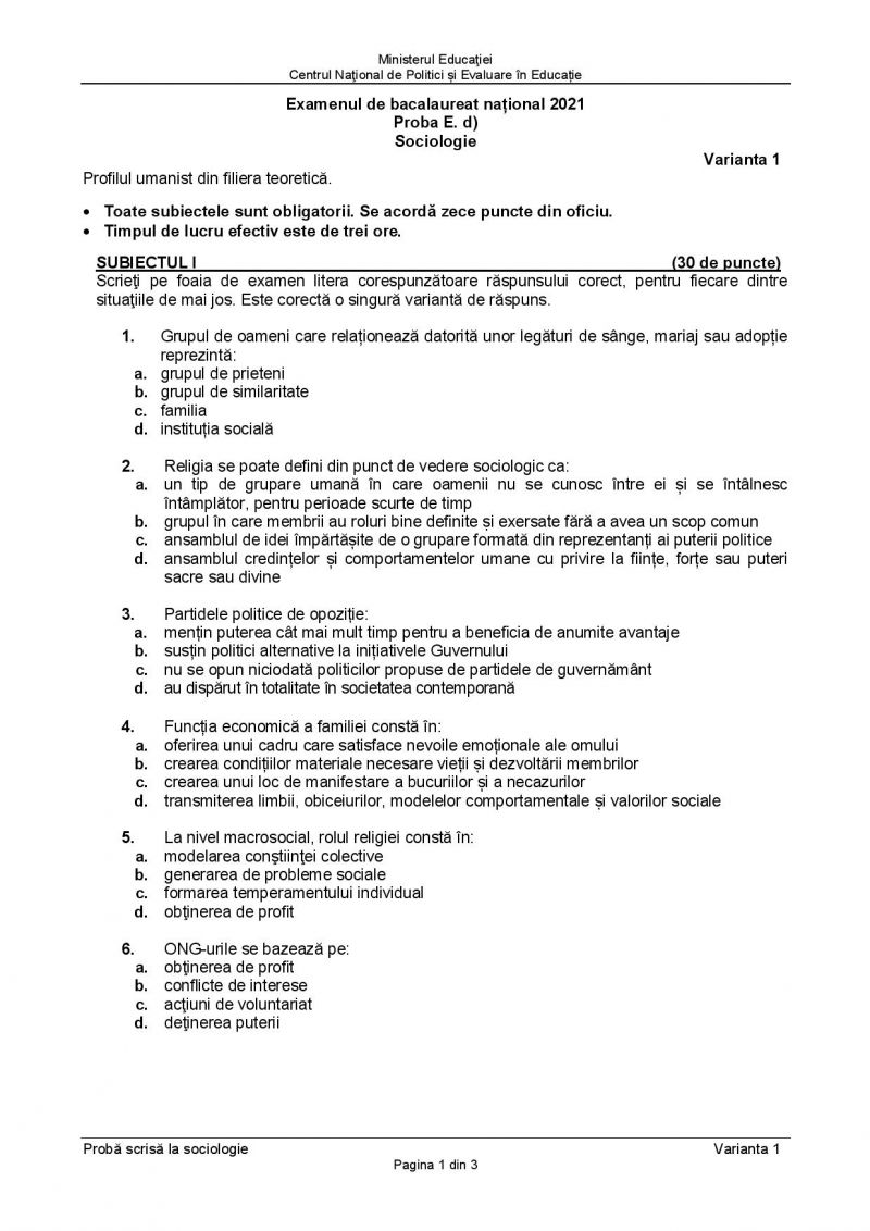 Subiecte BAC 2021. Proba la alegere: Sociologie