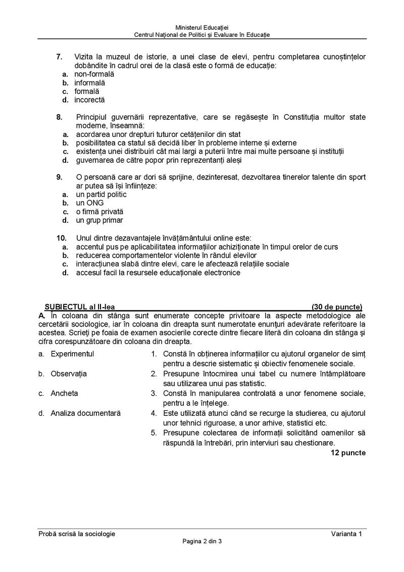 Subiecte BAC 2021. Proba la alegere: Sociologie