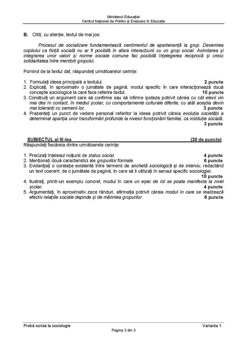 Subiecte BAC 2021. Proba la alegere: Sociologie
