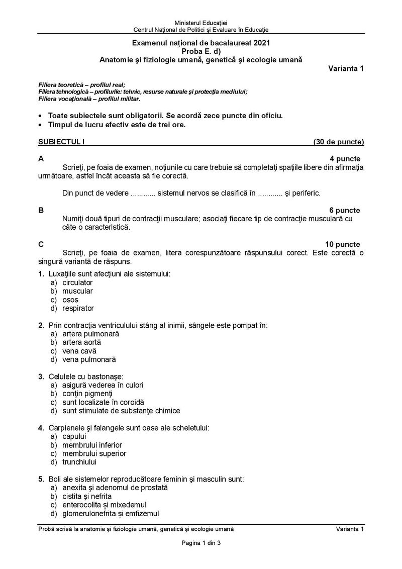 Subiecte BAC 2021. Proba la alegere: Anatomie umană