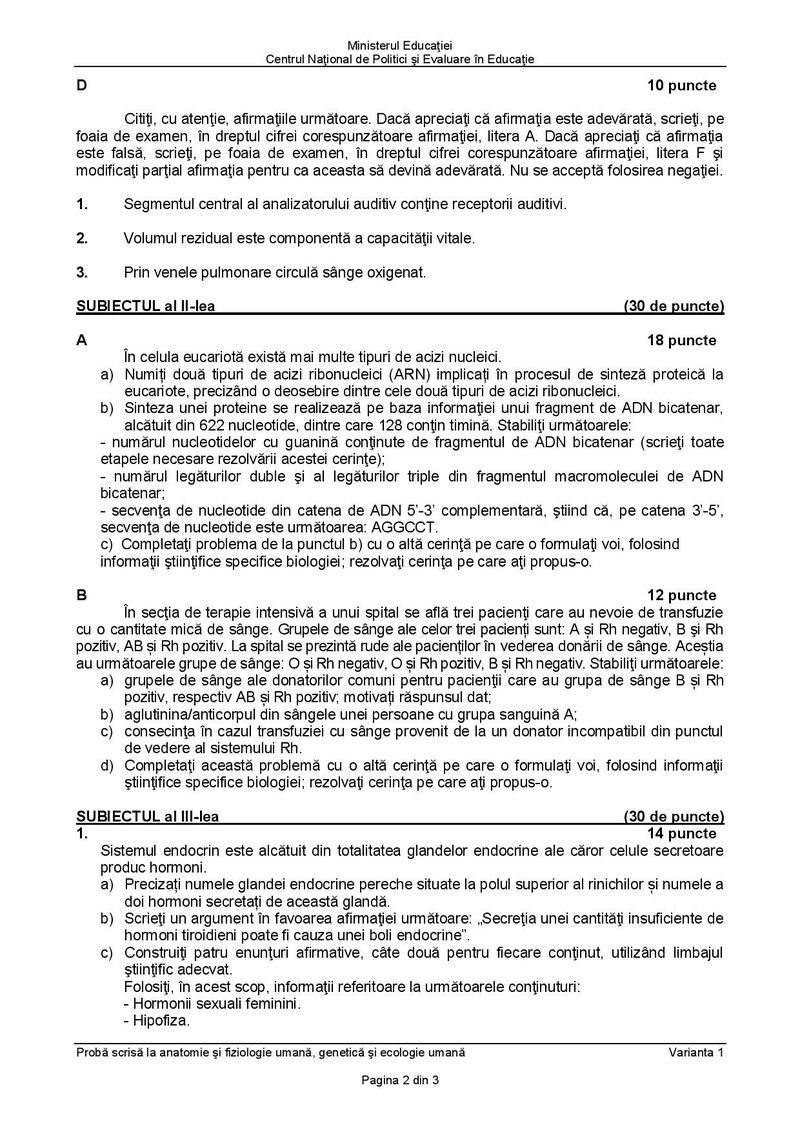 Subiecte BAC 2021. Proba la alegere: Anatomie umană