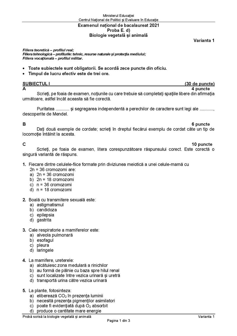 Subiecte BAC 2021. Proba la alegere: Biologie vegetală