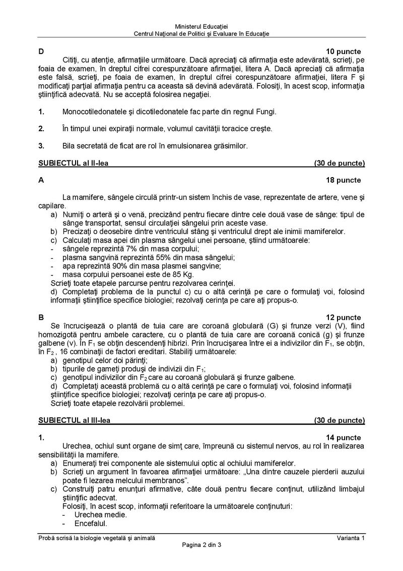 Subiecte BAC 2021. Proba la alegere: Biologie vegetală