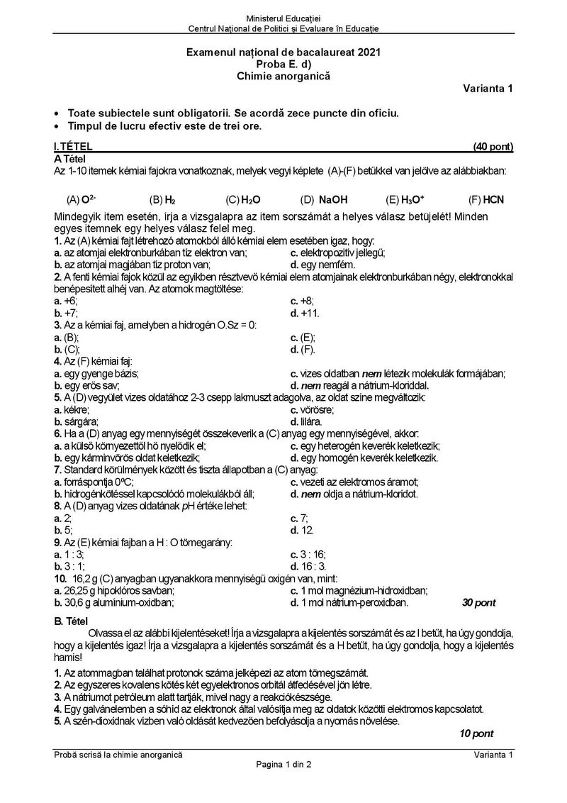 Subiecte BAC 2021. Proba la alegere: Chimie anorganică