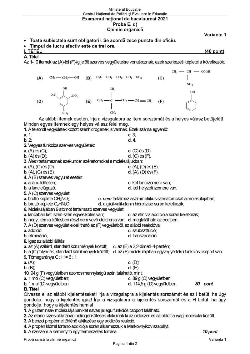 Subiecte BAC 2021. Proba la alegere: Chimie organică